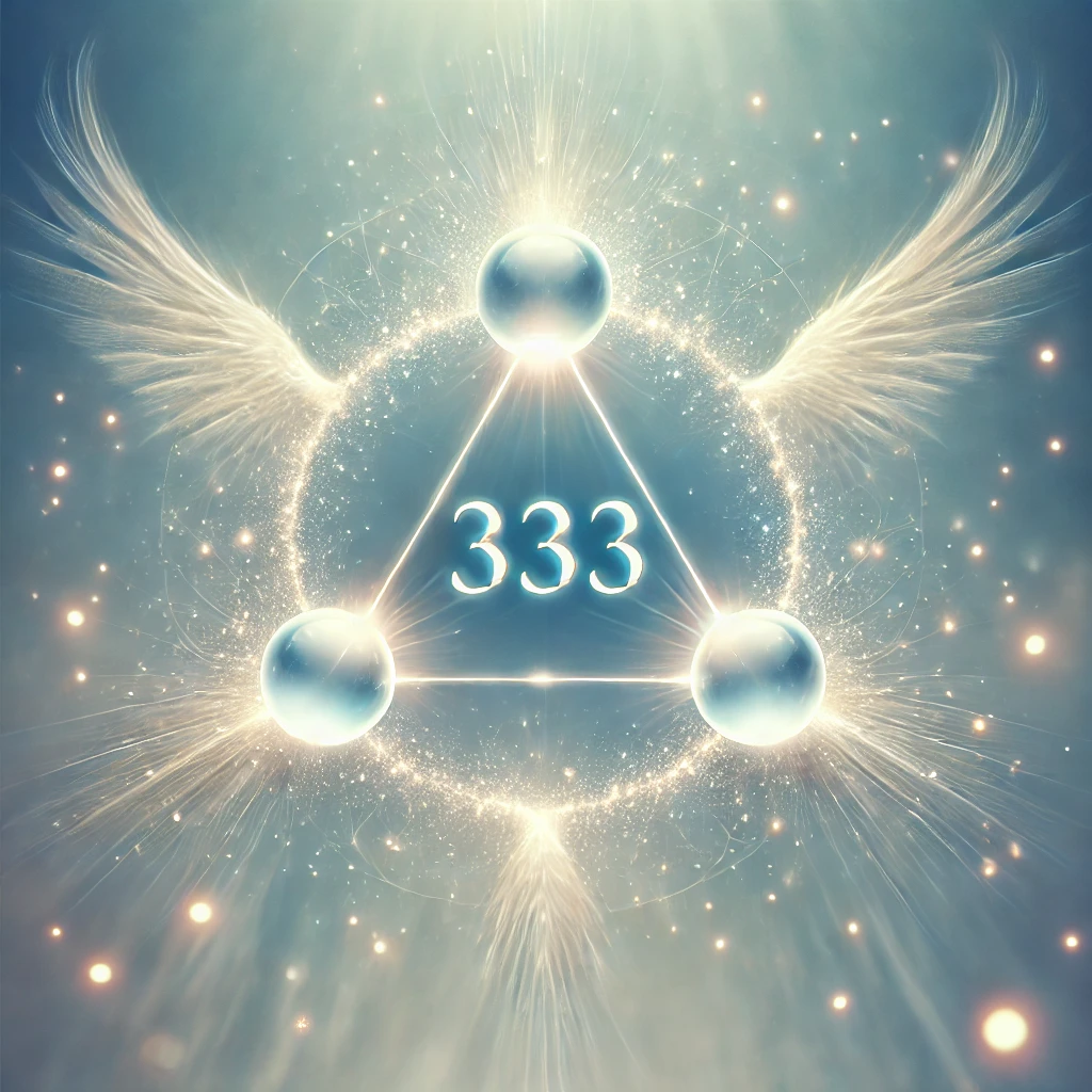 Three glowing orbs forming a triangle representing the number 333 and its spiritual connection. A soft light surrounds the orbs symbolizing angelic Descubra o Verdadeiro Significado do 333 na Lei da Atração